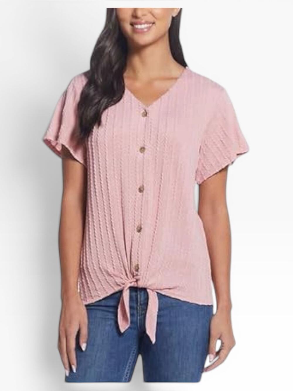 NWT Weatherproof Vintage Pink Textured Knit Tie Front Top Women Small